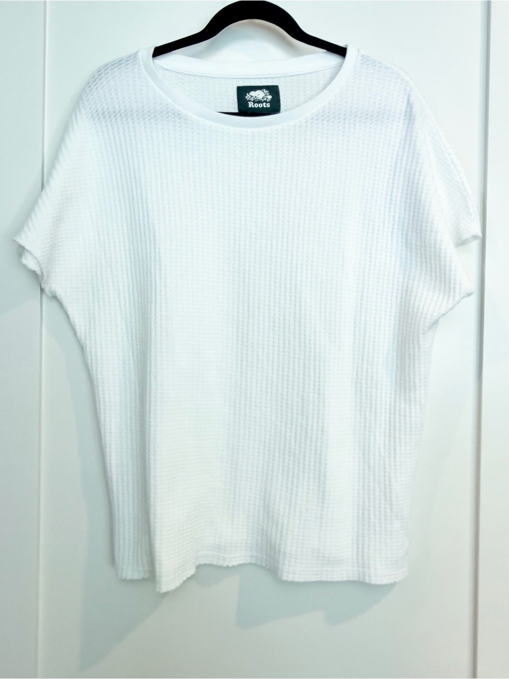 Roots White Waffle Knit Organic Cotton Blend Tee XS Oversized